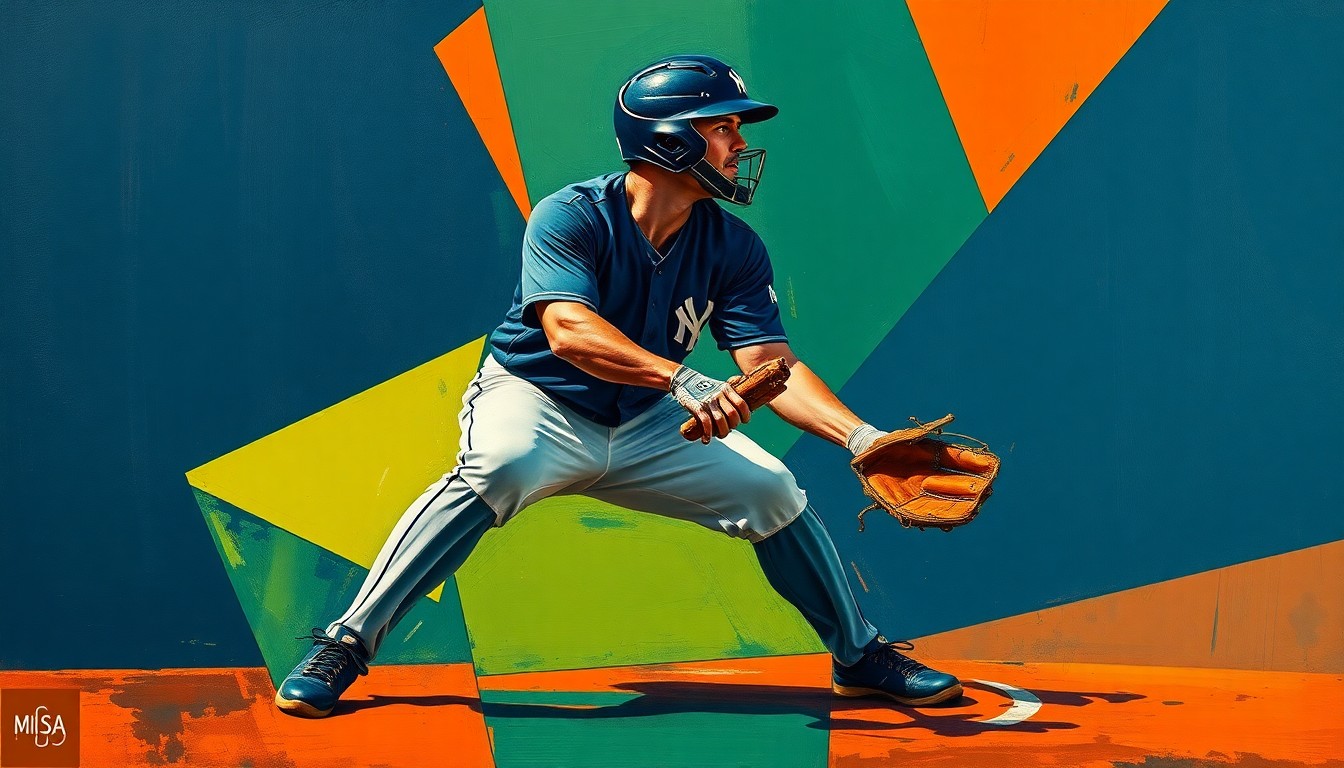 A fragmented, geometric painting depicting a baseball catcher in mid-crouch, with sharp planes of navy, green, and orange overlapping to create a dynamic, abstract representation of the physical demands of the position.