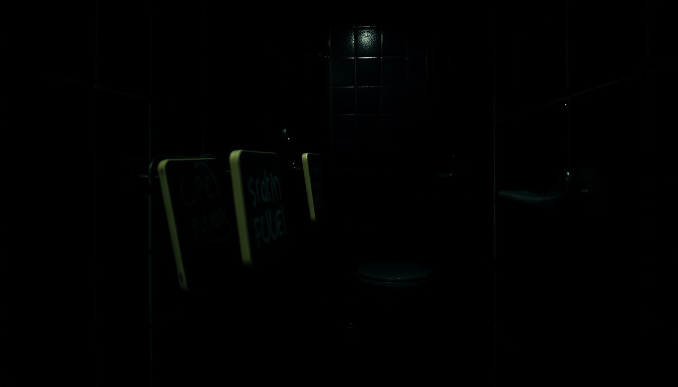 An extreme close-up photograph of graffiti scrawled on a bathroom stall wall, capturing the gritty, investigative nature of the incident without depicting any actual violence or threats.