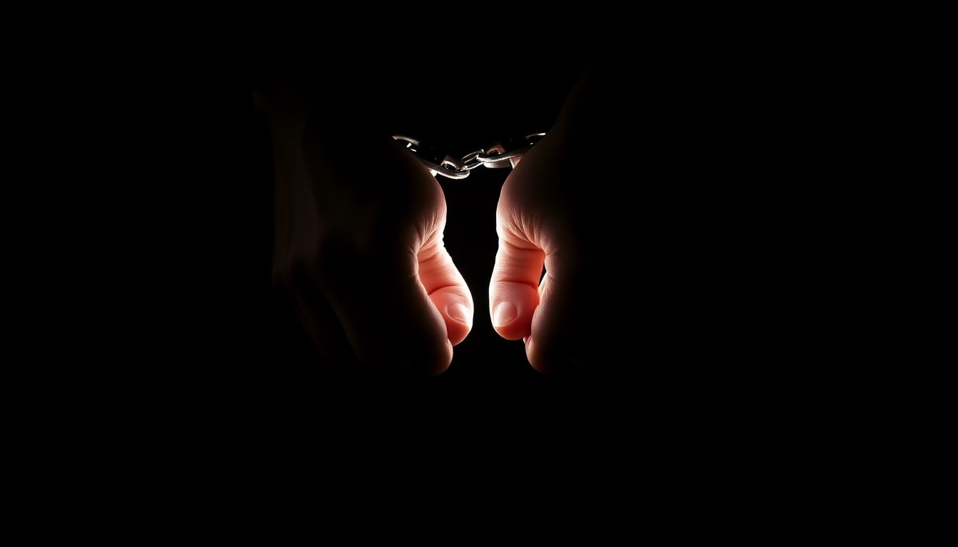 An extreme close-up of a pair of handcuffed wrists against a pitch-black background, lit by a harsh, direct camera flash, conceptually representing the violence and lack of oversight in the Madison County jail incident.