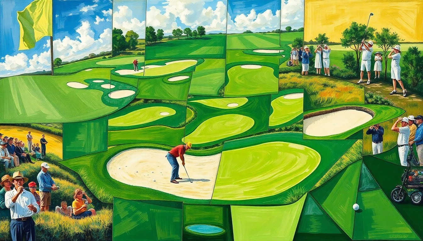 A fragmented, geometric painting depicting a golf tournament, with overlapping planes of green fairways, sand traps, and players swinging their clubs, conveying the dynamic nature of the competition.