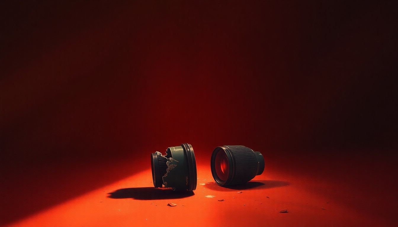 An extreme close-up of a shattered camera lens on the ground reflecting a faint red light, conceptually illustrating the violence against a student journalist covering a protest.