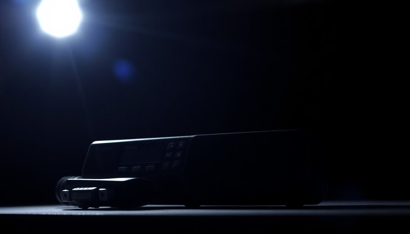 An extreme close-up photograph of a police radio or other law enforcement equipment, capturing the dramatic textures and details under harsh, direct lighting against a pitch-black background, conceptually representing the tense and urgent nature of the school lockdown incident.