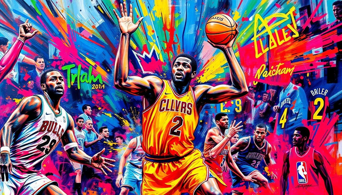 An abstract expressionist painting in vibrant neon colors, capturing the intense physicality and raw energy of an NBA basketball game, with players' forms dissolving into dynamic brushstrokes and splashes of paint.