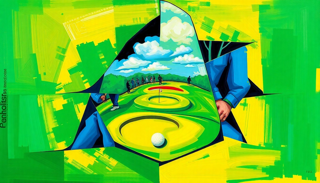 A cubist, geometric painting depicting overlapping planes of a golf tournament, with vibrant colors representing the energy and competition of the event.