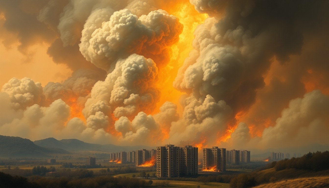 A sweeping, atmospheric landscape painting in muted tones, with a massive fire consuming an apartment complex in the distance, the details of the buildings obscured by billowing smoke and the overwhelming scale of the natural disaster.