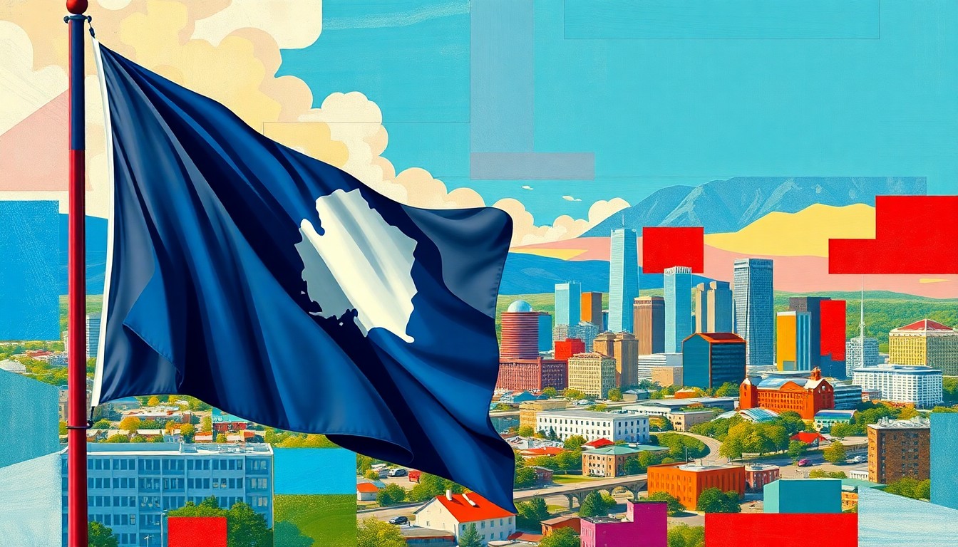 A dynamic, abstract painting of an Anchorage city skyline with the Alaska state flag waving in the foreground, rendered in bold, overlapping geometric shapes and vibrant colors, conceptually representing the energy and importance of the municipal election.