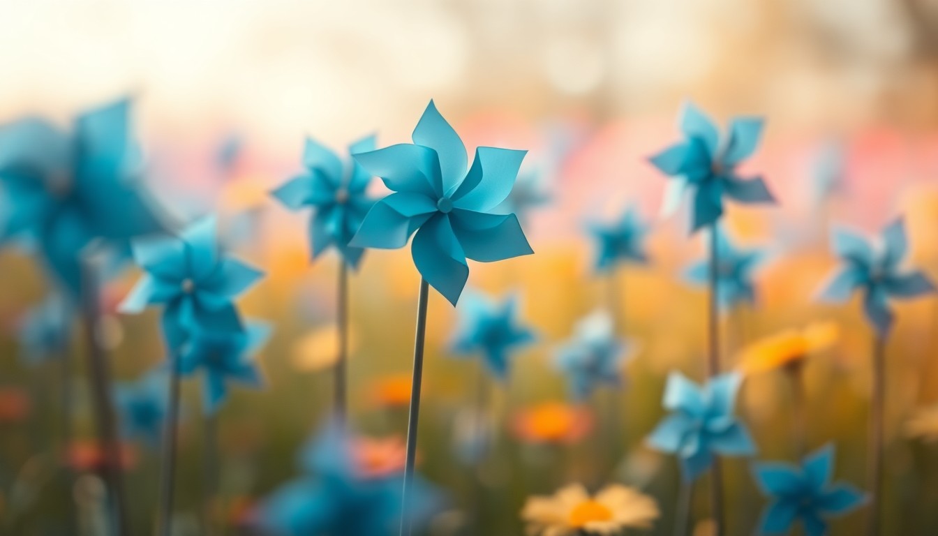 An impressionistic, out-of-focus photograph of a garden filled with gently swaying blue pinwheels, representing the community's dedication to child welfare and abuse prevention.