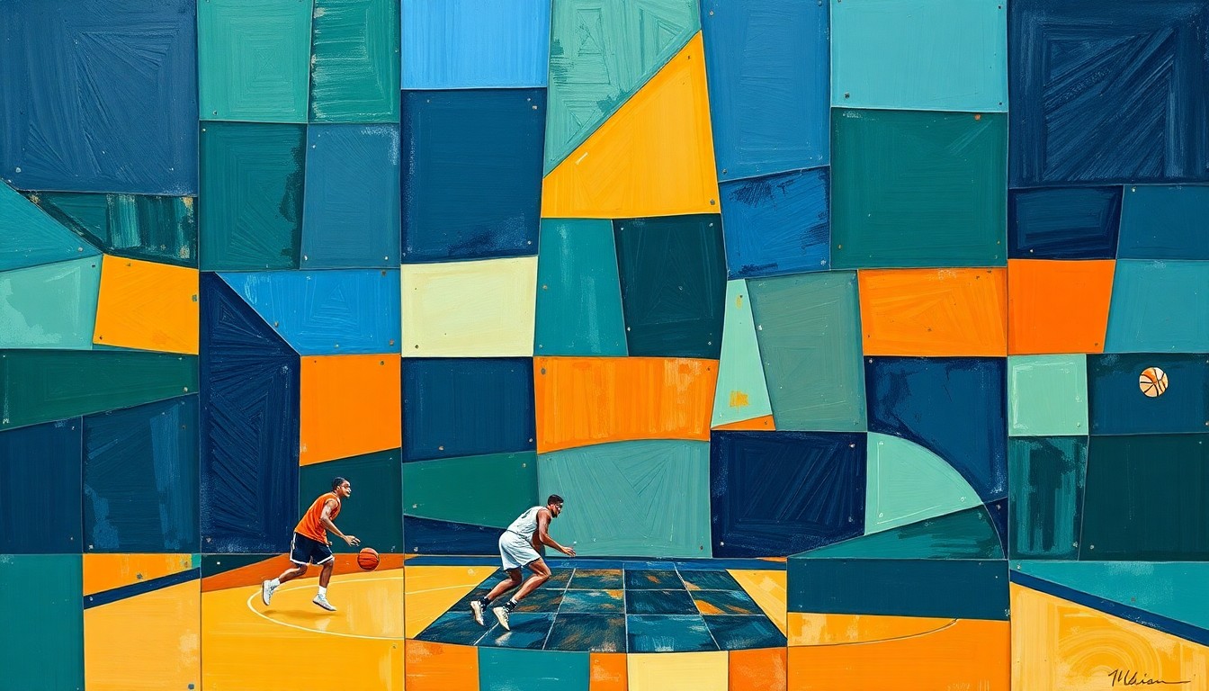 A cubist, geometric painting depicting a high school basketball game, with the players and court broken down into sharp, overlapping planes of color in navy, green, and orange, capturing the dynamic energy of the sport.