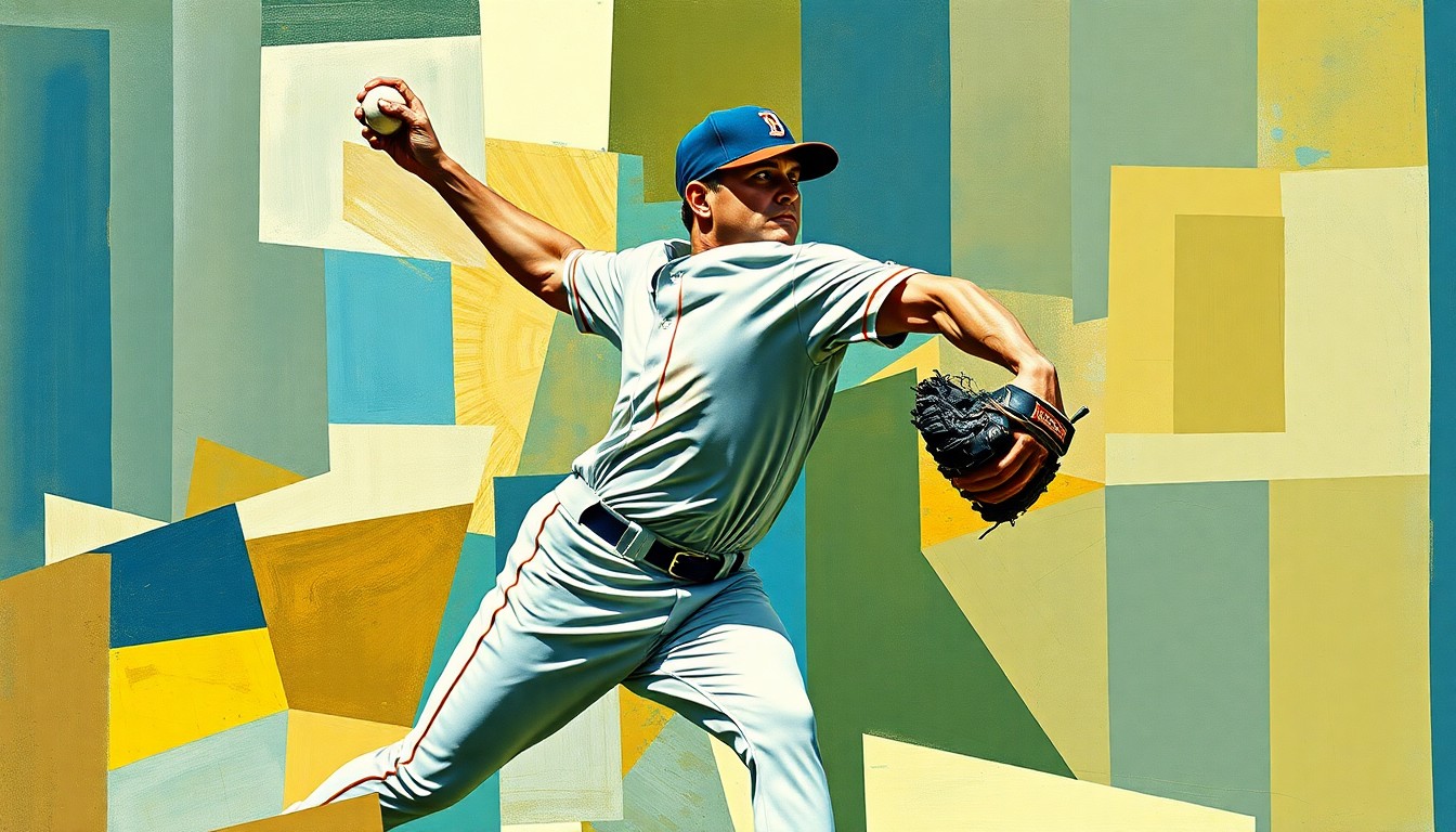 A fragmented, geometric painting depicting the motion and delivery of a baseball pitcher, with sharp planes and angles representing the ups and downs of the outing.