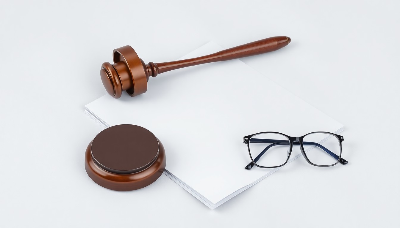 A minimalist studio still life featuring a shiny metal gavel, a stack of legal documents, and a pair of eyeglasses, symbolizing the legal proceedings and financial implications of the Stellantis class action lawsuit.