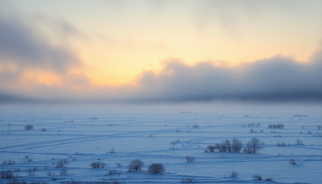 A sweeping, atmospheric landscape painting in muted tones of blue, gray, and white, depicting a vast, frozen field at dawn with a lone, bare tree in the foreground, conveying the overwhelming scale and melancholic mood of the approaching cold snap.
