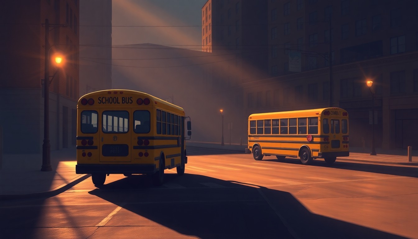 A cinematic painting of a solitary school bus parked on a city street, with warm sunlight and deep shadows creating a contemplative, nostalgic mood that reflects the significance of this local election.