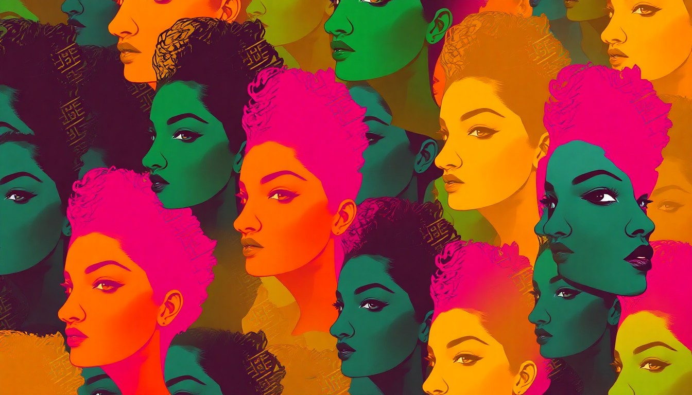A colorful, abstract silkscreen-style portrait of a Black woman's face repeated in a grid, representing the diverse members of the Belle Collective: Birmingham organization.
