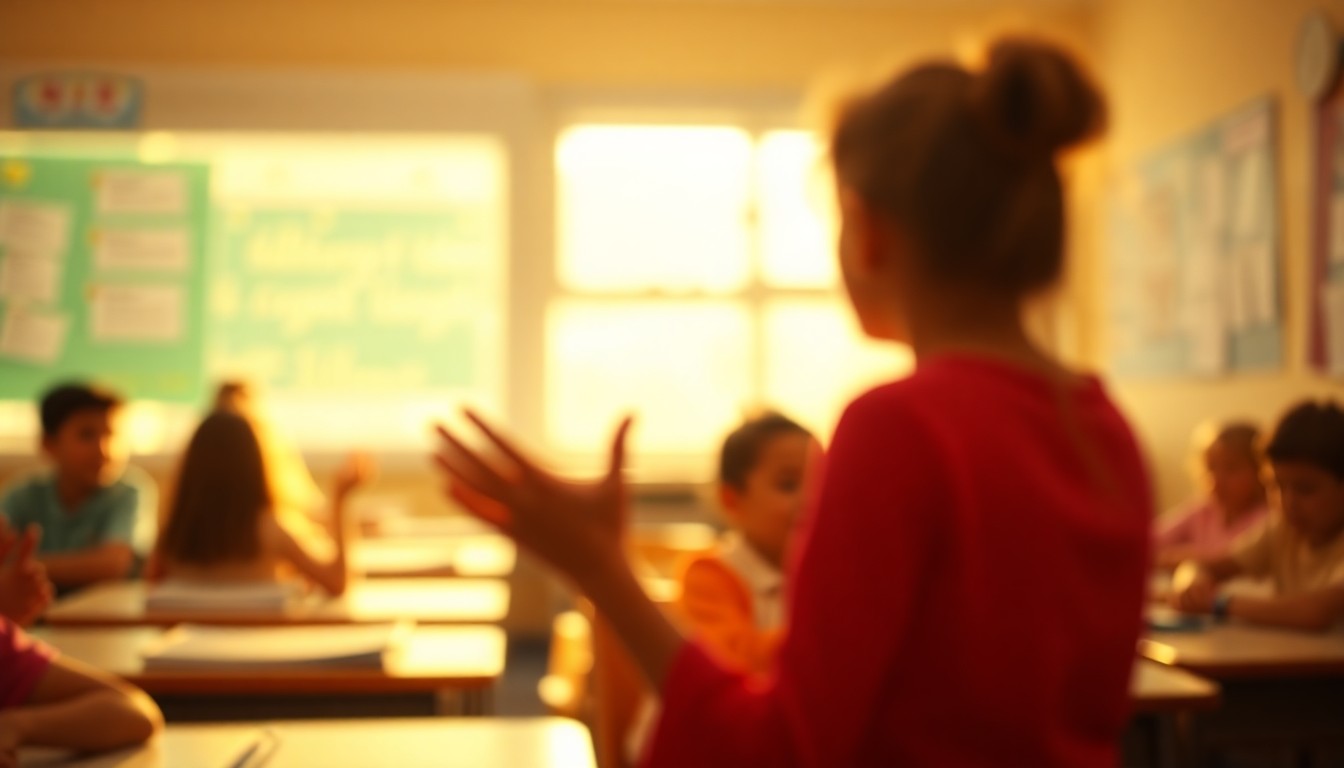 An abstract, out-of-focus photograph depicting the soft, warm shapes of children's faces and hands in a classroom setting, conveying the gentle, nurturing spirit of an educator.