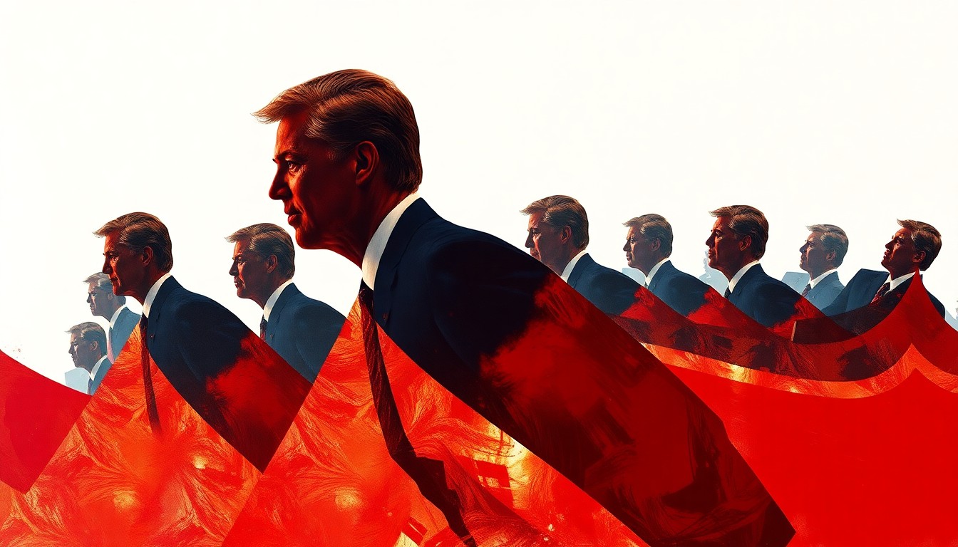 A dynamic, abstract painting featuring a silhouetted figure in motion, repeated in overlapping geometric shapes and waves of deep red, navy blue, and gold, conveying a sense of political momentum and energy.