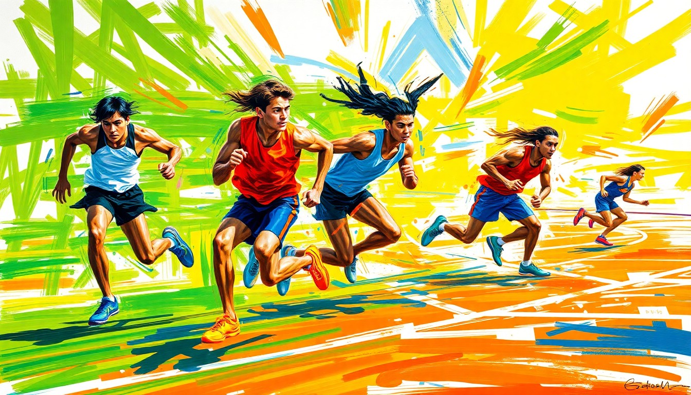 An abstract, energetic painting in vibrant neon colors, capturing the raw athleticism and motion of high school track and field events through rapid, expressive brushstrokes.