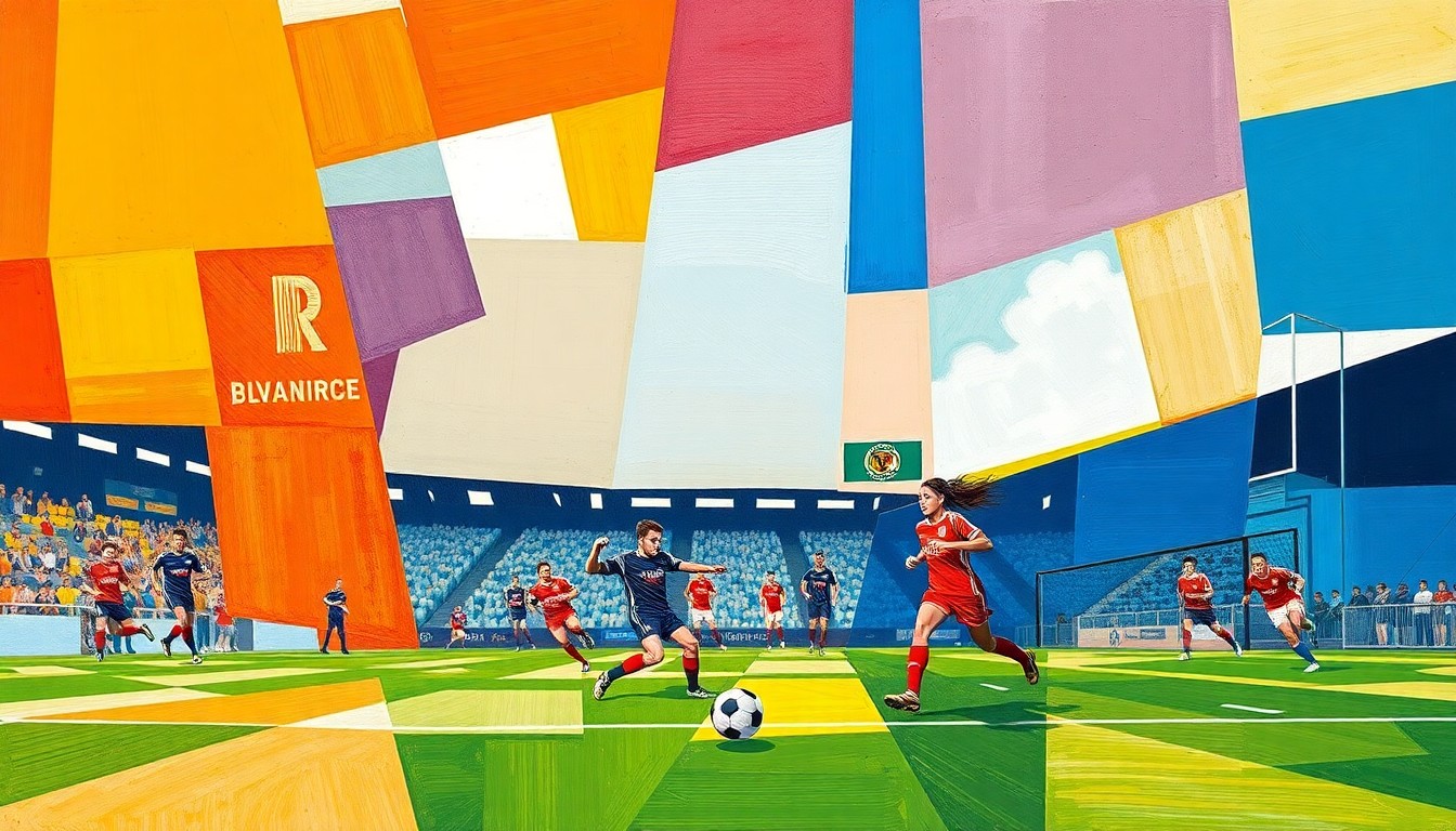 A fragmented, geometric painting in the style of Picasso, using the team colors of Beatrice and Lincoln to depict the action and movement of a high school soccer game.