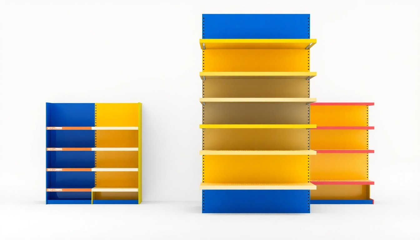 A photorealistic studio still life featuring a stack of colorful, geometric grocery store shelving units, conceptually representing the strategic expansion of a regional grocery chain.