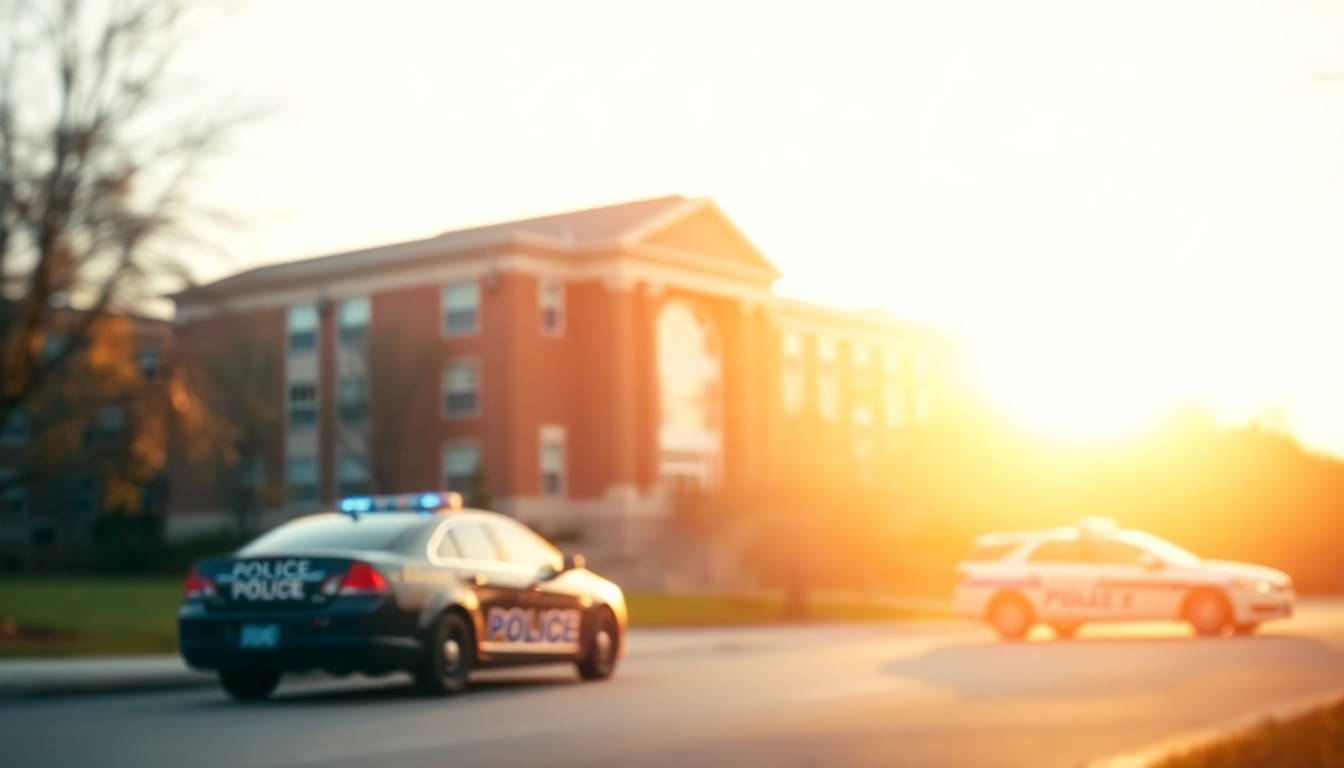 An abstract, impressionistic photograph showing the blurred outlines of a college building and police car in the background, with the scene enveloped in a warm, hazy glow of diffused light, conveying a sense of community and civic engagement.