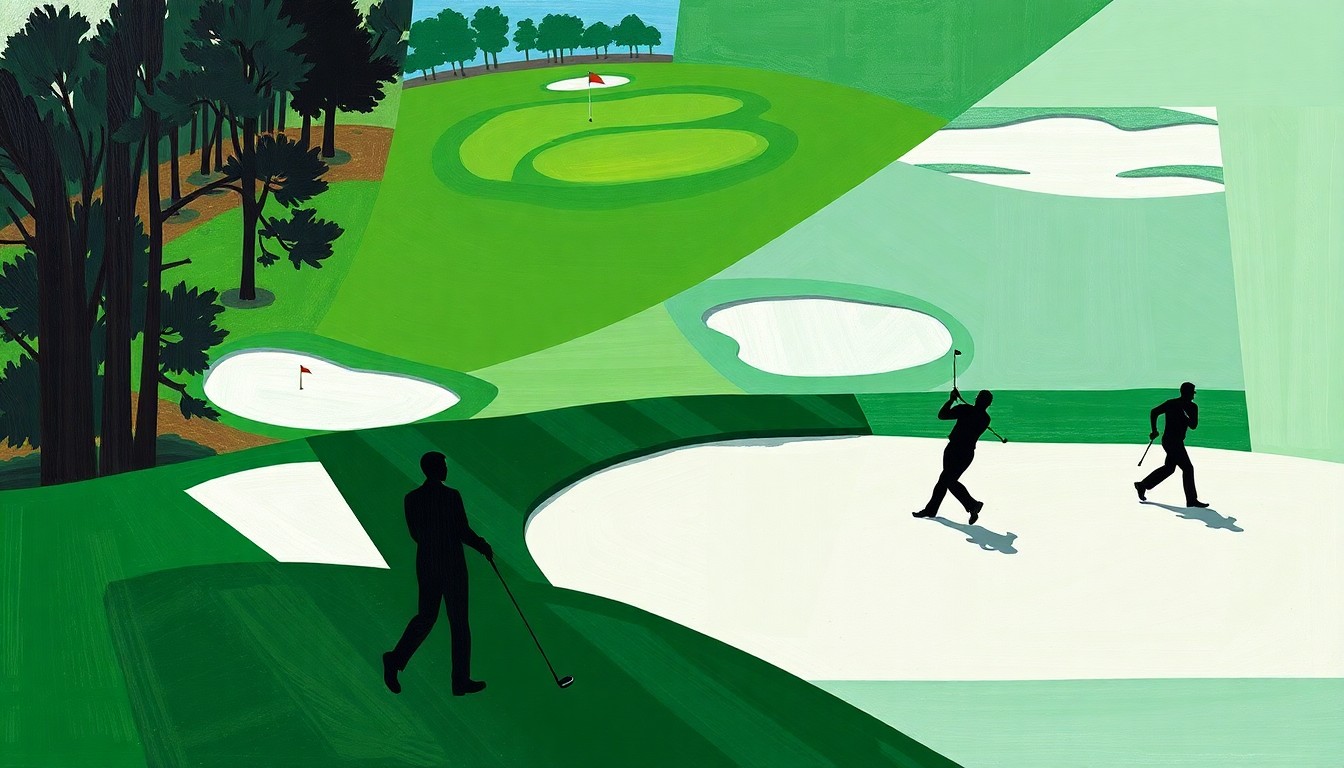 A fragmented, geometric painting depicting the Augusta National golf course and silhouetted figures of players in motion, conceptually representing the diverse field and challenges of the 2026 Masters Tournament.