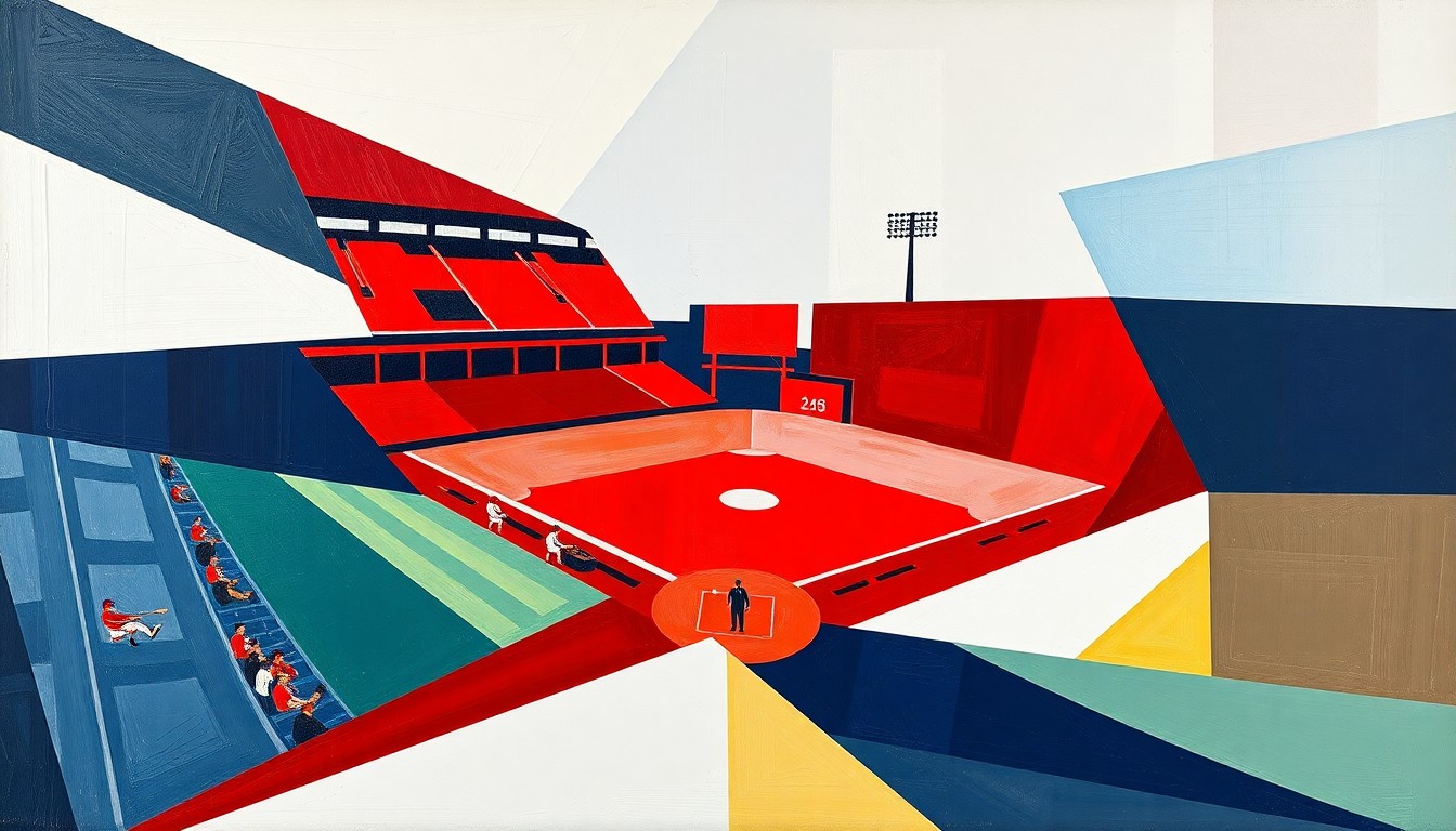 A fragmented, geometric painting depicting a baseball game, with sharp planes of crimson, navy, and white representing the dynamic action on the field.