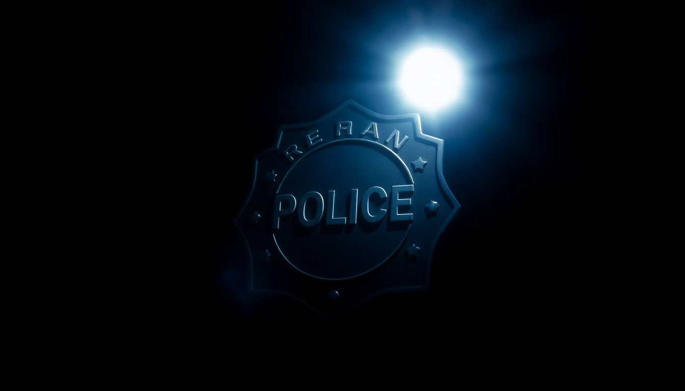 An extreme close-up photograph of a police badge or insignia, dramatically lit by a harsh direct flash against a pitch-black background, creating a stark, gritty, investigative aesthetic.