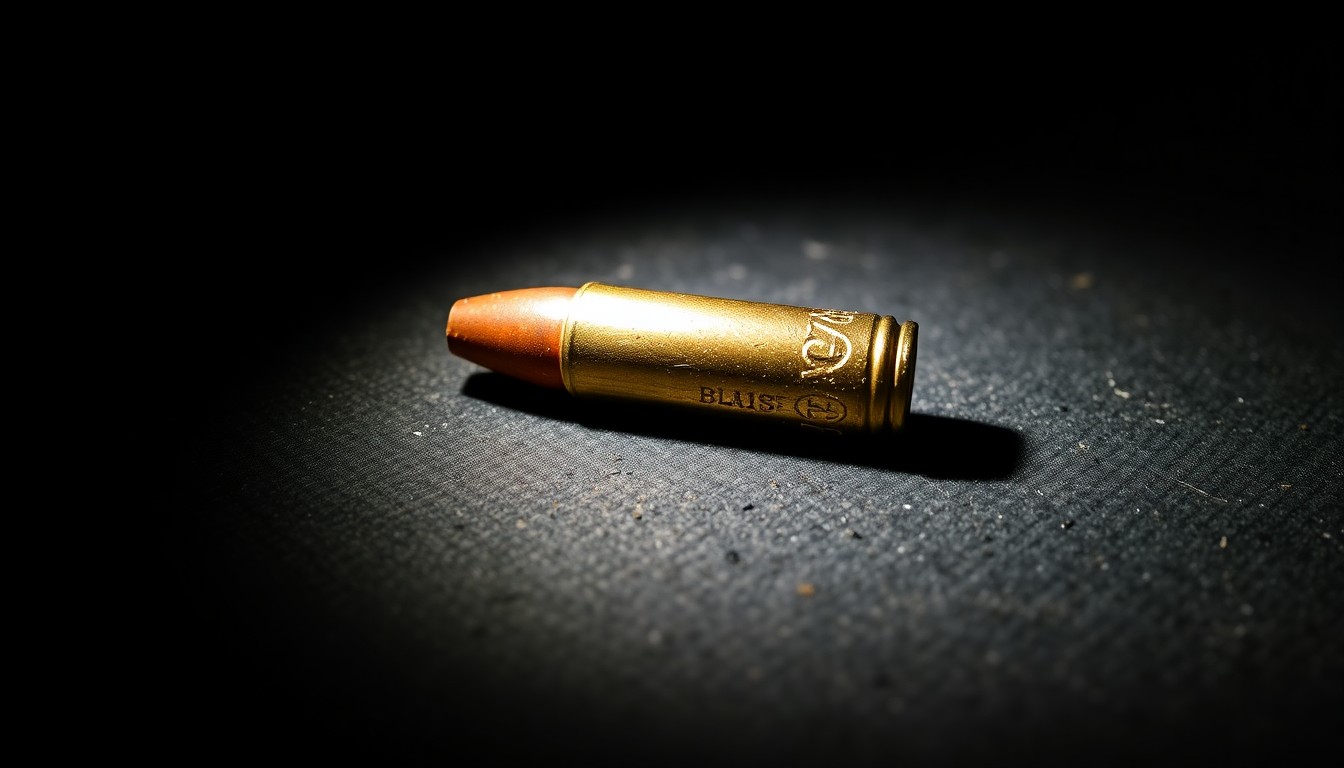 An extreme close-up photograph of a single spent bullet casing on a dark, textured surface, lit by a harsh camera flash, conceptually illustrating the aftermath of a fatal shooting incident.