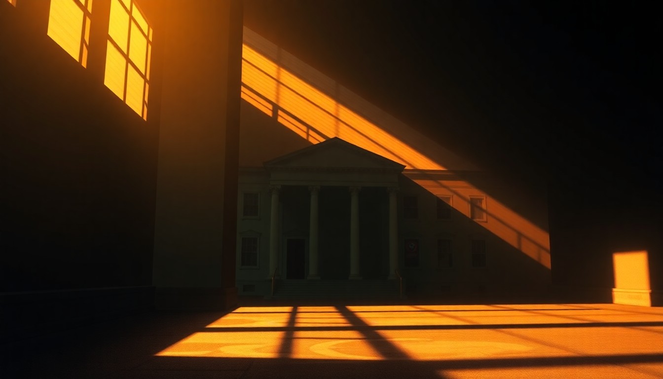 A warm, cinematic painting of a government office building or political space, with deep shadows and diagonal sunlight, conveying a sense of quiet contemplation about the state of campaign finance oversight.