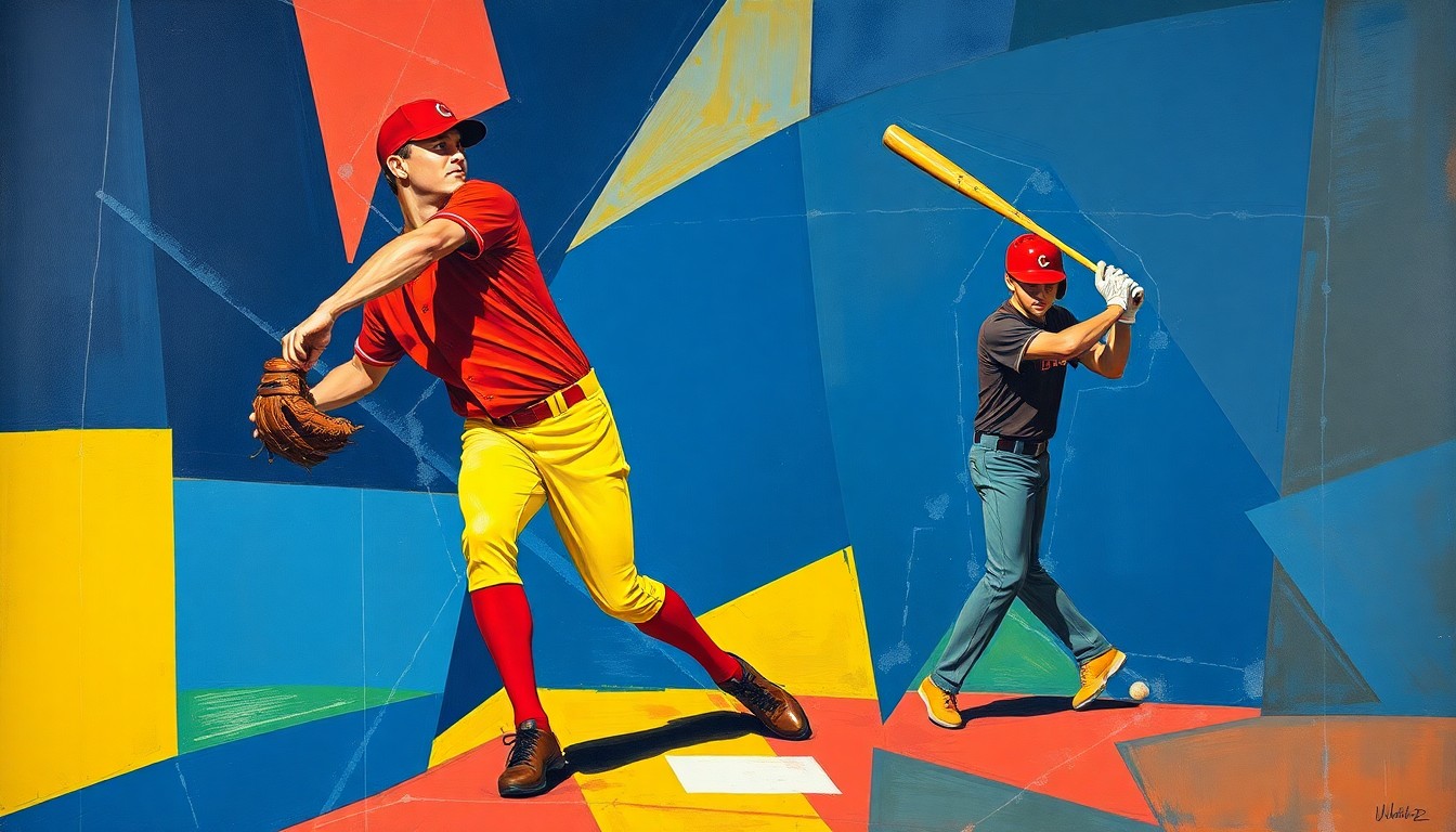 A cubist, geometric painting depicting a baseball pitcher's delivery and a batter's swing broken down into sharp, overlapping planes of color, capturing the dynamic, multi-faceted nature of the sport.