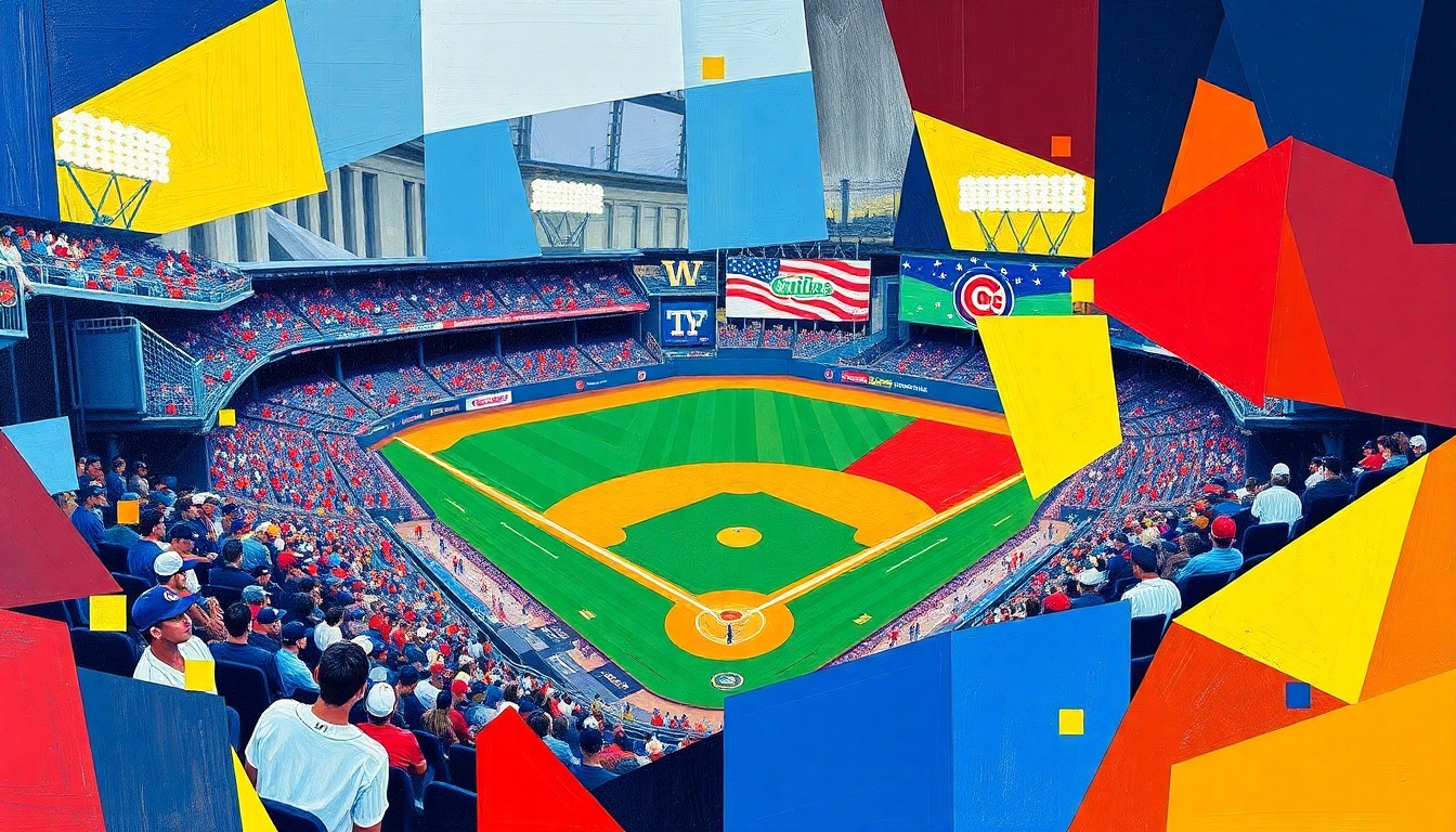 A cubist-style painting depicting a fragmented baseball game, with sharp geometric shapes in the team colors of the Cubs' minor league affiliates, conveying the complex and multifaceted nature of player development in the minor leagues.