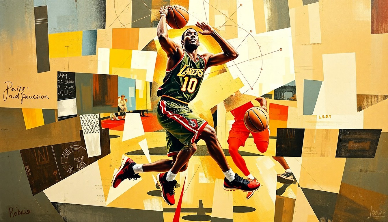A fragmented, geometric painting depicting the fluid motions of a basketball player, conveying the challenges and transitions faced by college athletes.