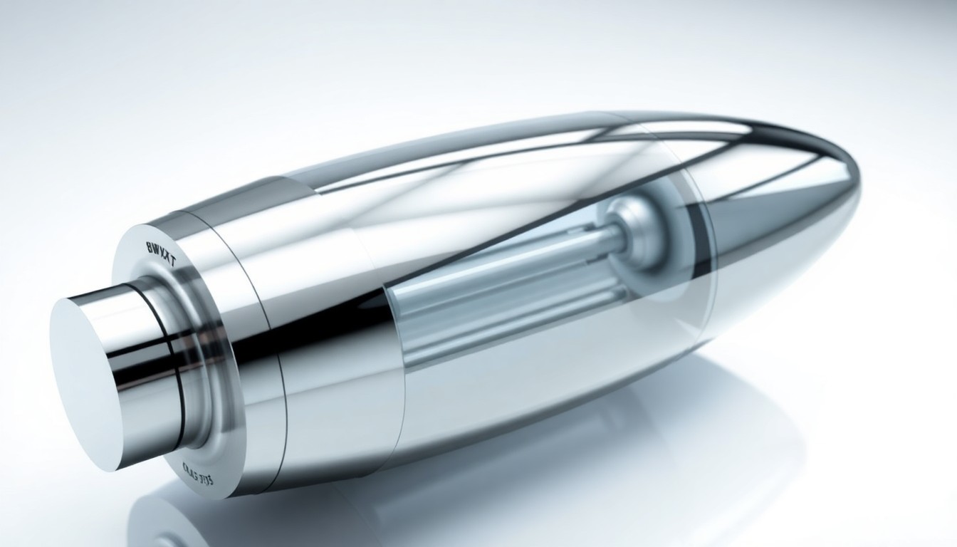 A high-end, photorealistic studio still-life photograph featuring a sleek, industrial object made of polished metal and glass, symbolizing the advanced nuclear technology driving BWXT's growth in Erwin.