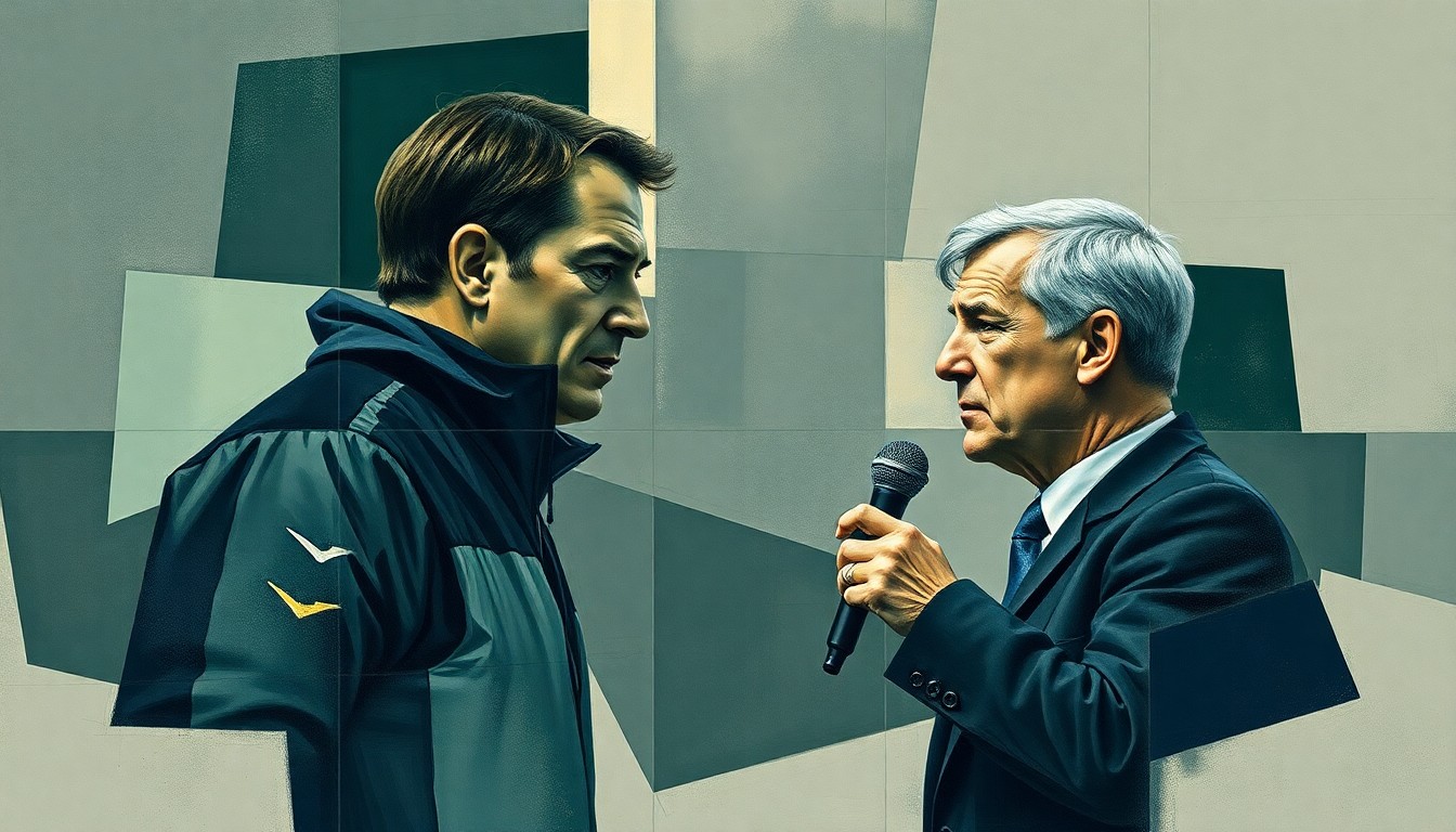 A fragmented, geometric painting depicting the blurred outlines of a football coach and reporter, their forms broken down into sharp, angular shapes in muted tones of navy, green, and grey.