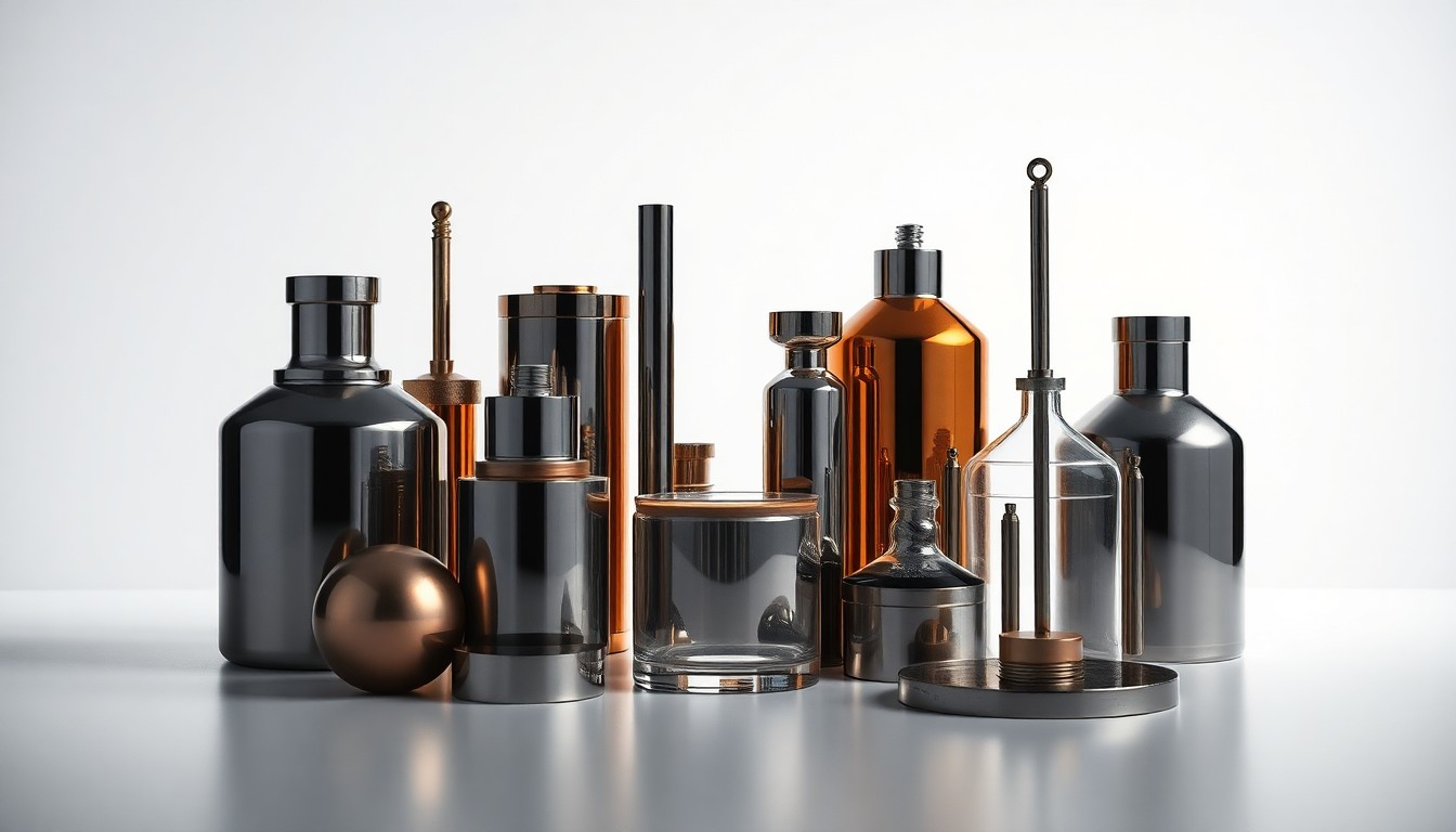 A high-end, photorealistic studio still-life photograph featuring a collection of polished, geometric metal and glass objects arranged elegantly on a clean, monochromatic background, conceptually representing the abstract risks and hazards of oil and gas operations.