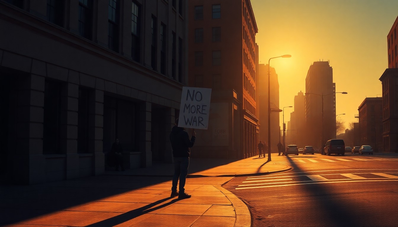 A solitary figure holding a protest sign stands on a dimly lit city street corner, the warm light casting long shadows and creating a sense of contemplative isolation.
