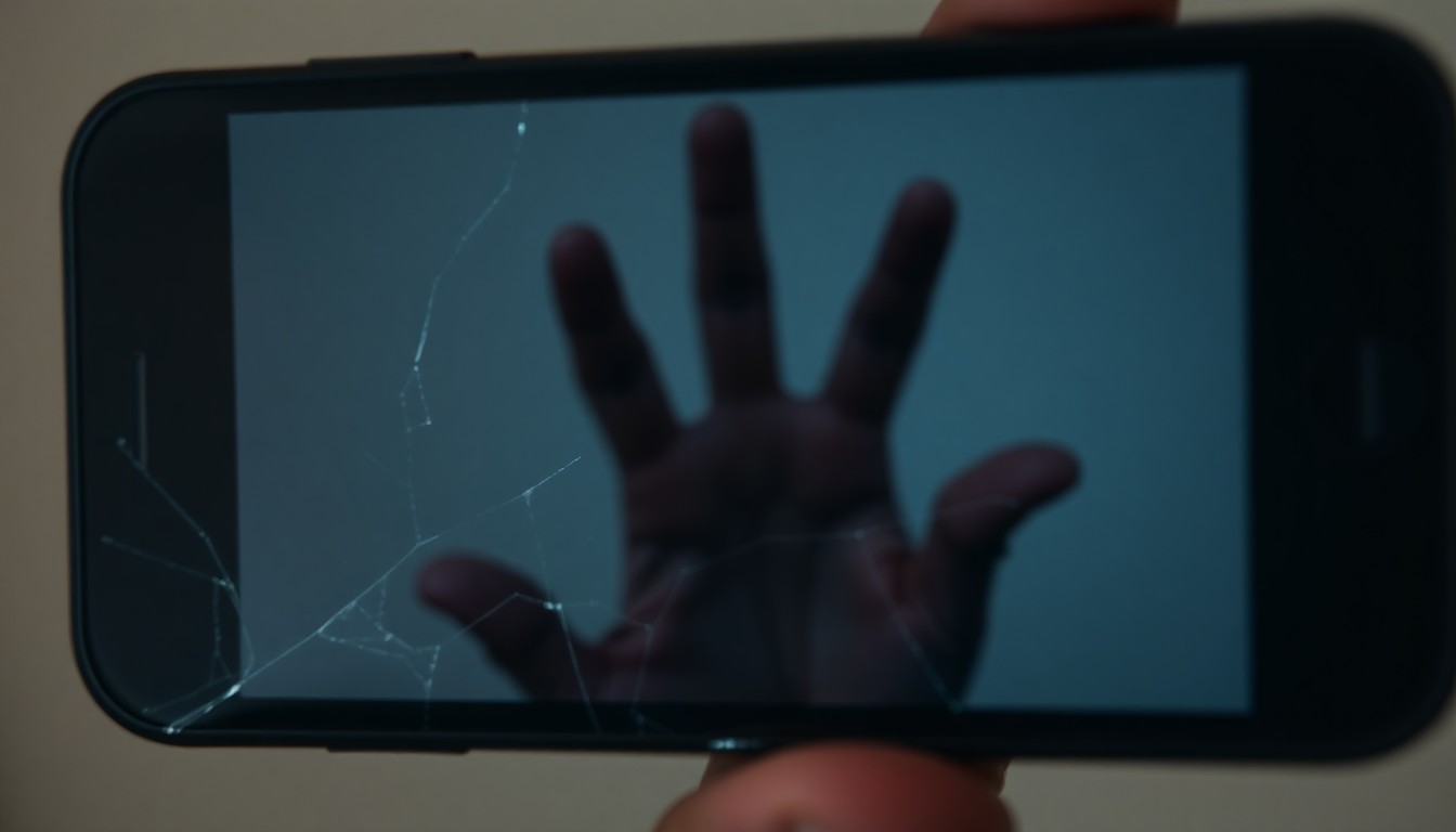 An extreme close-up photograph of a cracked smartphone screen reflecting a faint, distorted image of a person's hand, conceptually representing the violation of privacy through illicit filming.