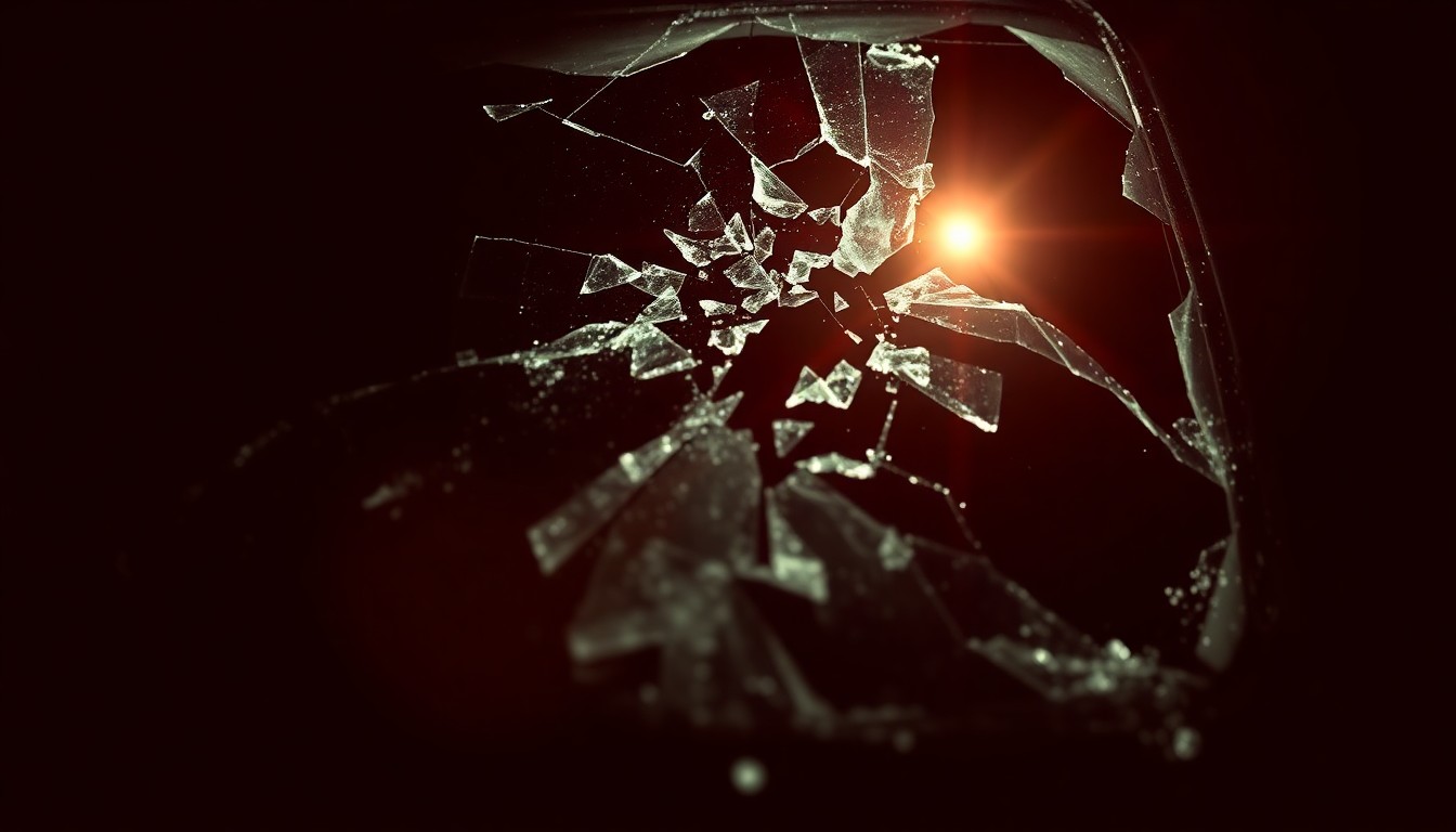 An extreme close-up photograph of shattered glass from a car windshield, capturing the harsh, gritty aftermath of a highway collision that resulted in a tragic loss of life.