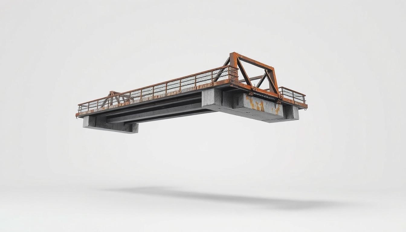 A photorealistic studio still life showing a weathered, aged model of the 16th Street bridge floating on a clean white background, with dramatic lighting casting deep shadows to symbolize the weight of the infrastructure project and its impact on the surrounding community.