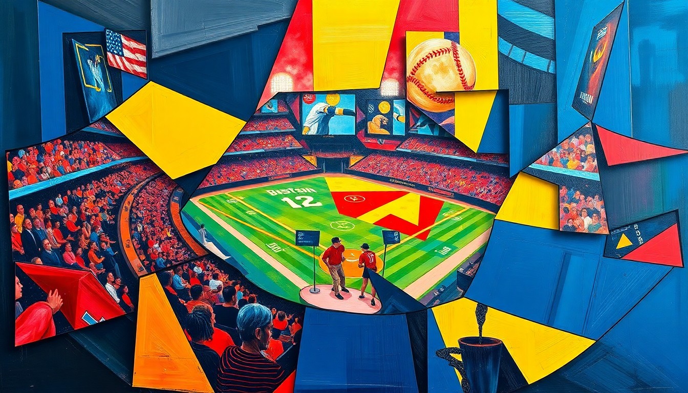 A cubist, geometric painting depicting a baseball game or match, with overlapping planes of navy, crimson, and yellow representing the dynamic action on the field.