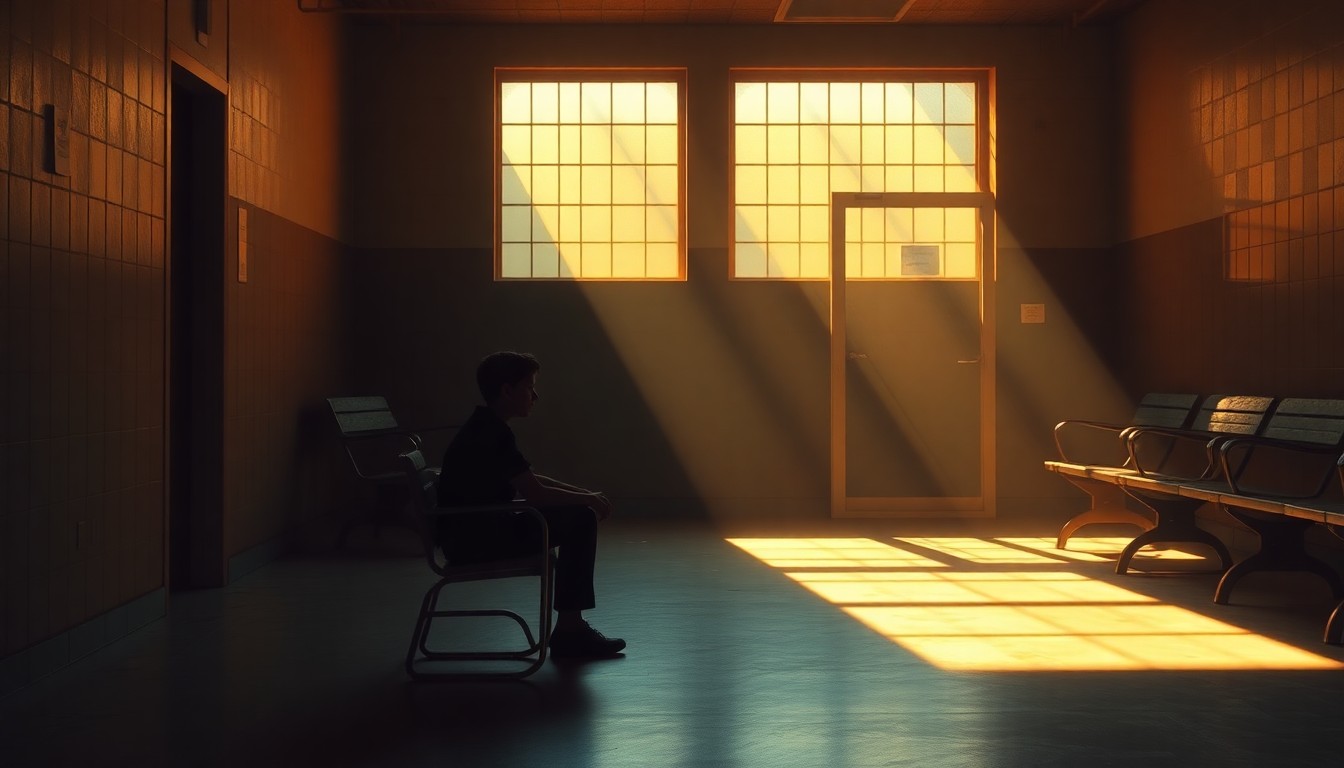 A serene, cinematic painting depicting a lone youth sitting in a sparsely furnished common room of a juvenile detention facility, the space bathed in warm, angled sunlight and deep shadows, conveying a sense of isolation and contemplation.