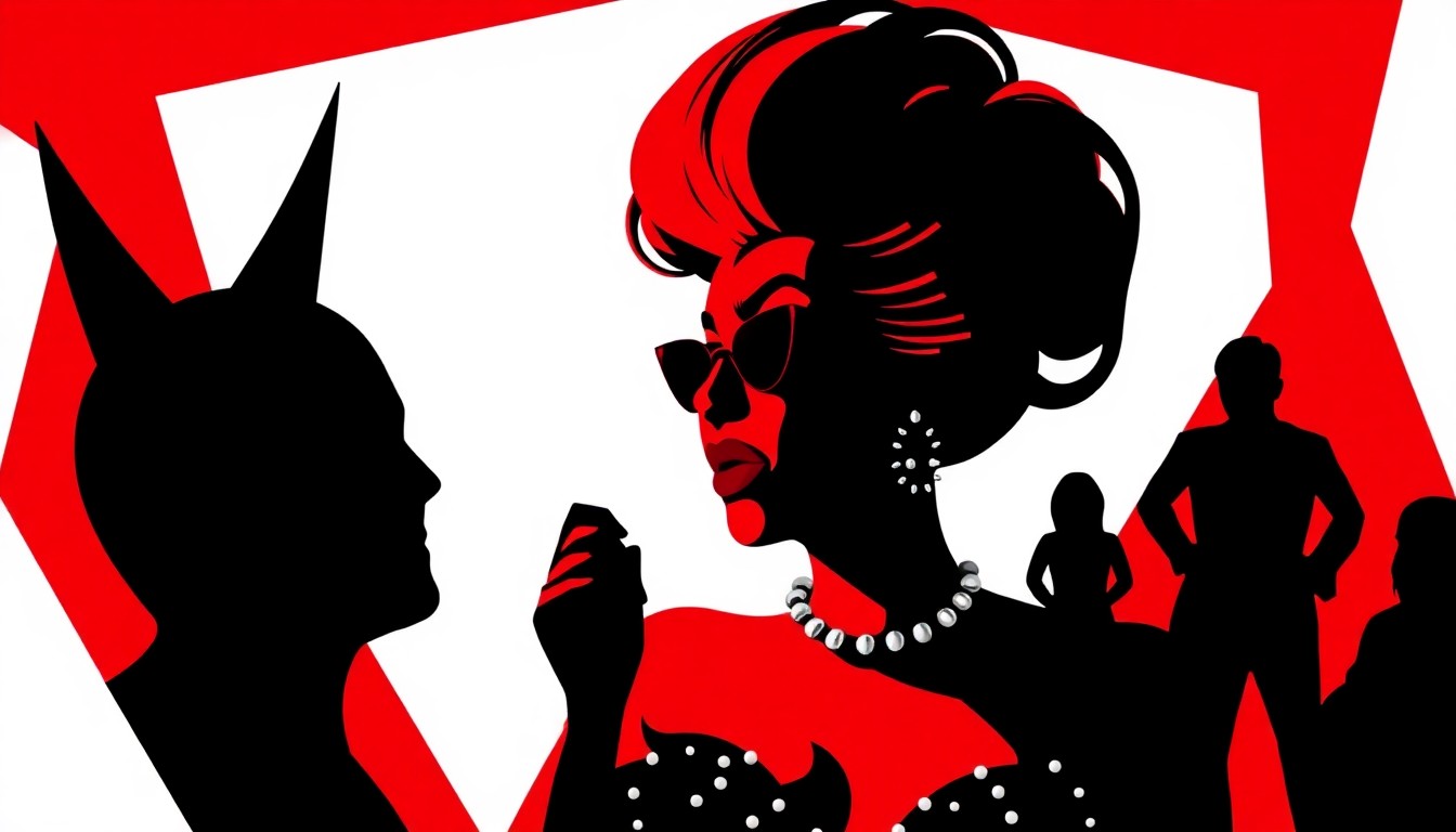 An abstract, minimalist composition featuring stark black silhouettes of drag queen shapes against a high-contrast red and white background, conceptually representing the emotional rollercoaster of a reality TV competition.