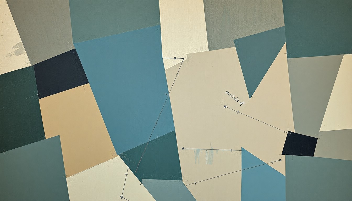 A fragmented, geometric painting depicting a basketball game or match, with sharp planes of muted blue, grey, and brown colors overlapping to create a sense of motion and multiple perspectives.