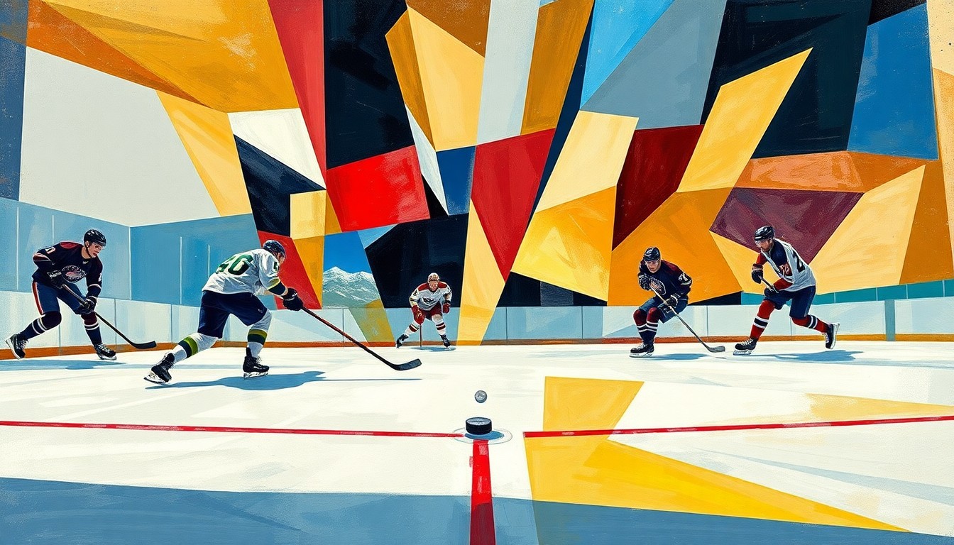 A fragmented, geometric painting depicting a hockey game, with the players and ice broken down into abstract shapes and planes of color, the puck as the central focus.