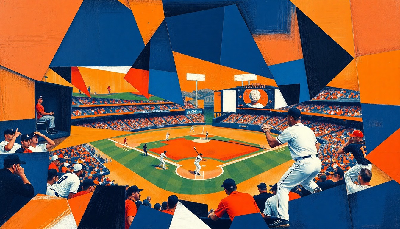 A cubist, geometric painting depicting the dynamic action of a baseball game, with overlapping shapes and planes in shades of navy, orange, and white capturing the energy and movement of the sport.