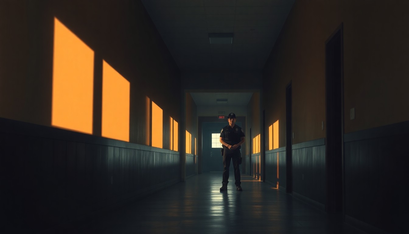 A cinematic painting of a solitary campus police officer standing in a dimly lit hallway, the warm sunlight casting deep shadows and creating a contemplative, nostalgic mood.