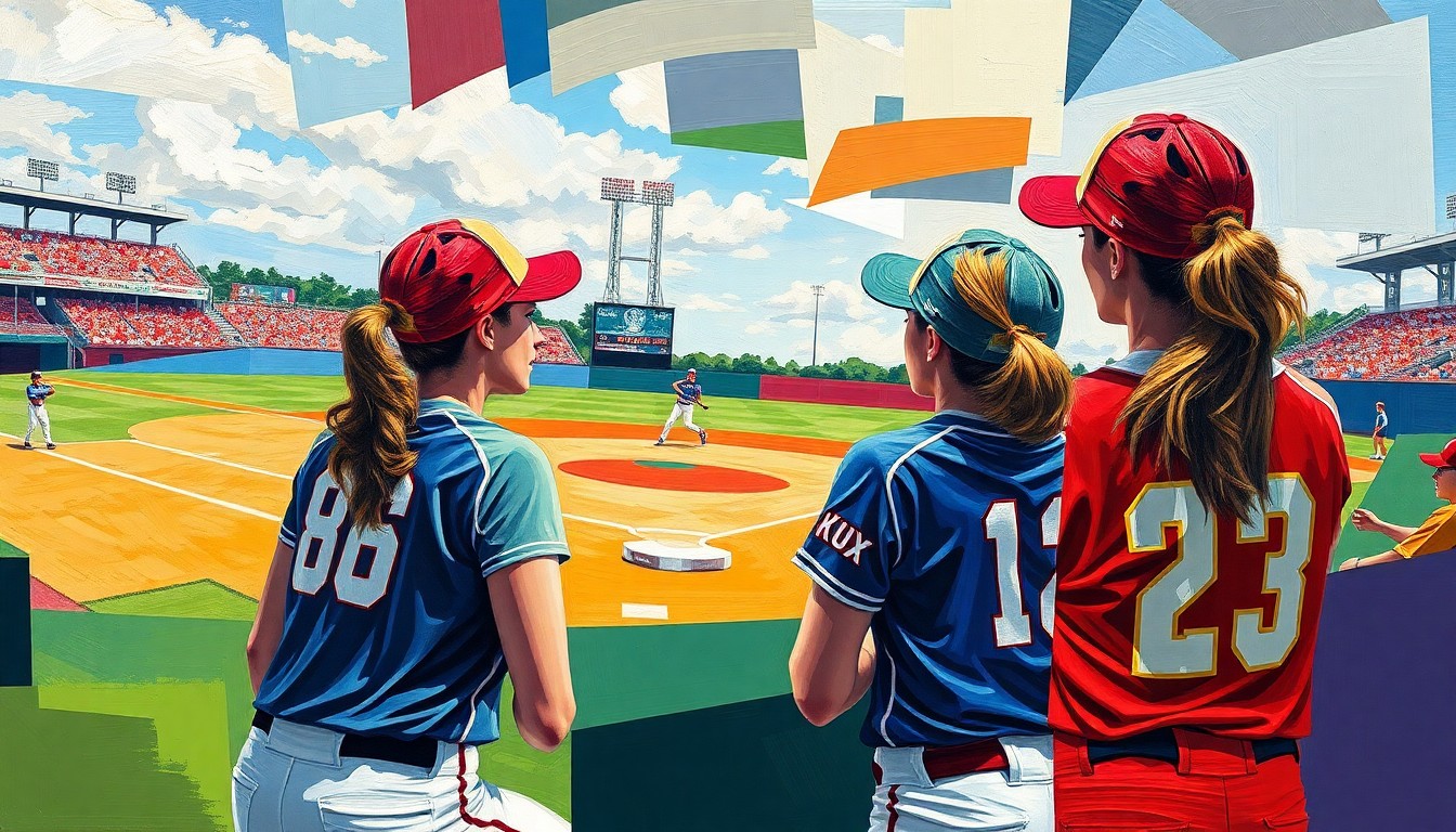A cubist-style painting depicting a softball game, with the players and field broken down into sharp, overlapping geometric shapes in the team colors of WKU and Lipscomb.