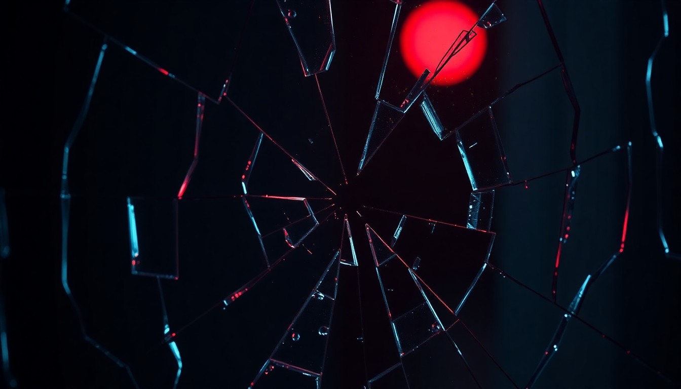 An abstract close-up photograph of shattered glass reflecting a faint red light, conveying a sense of fragility and disruption in the lives of the characters.