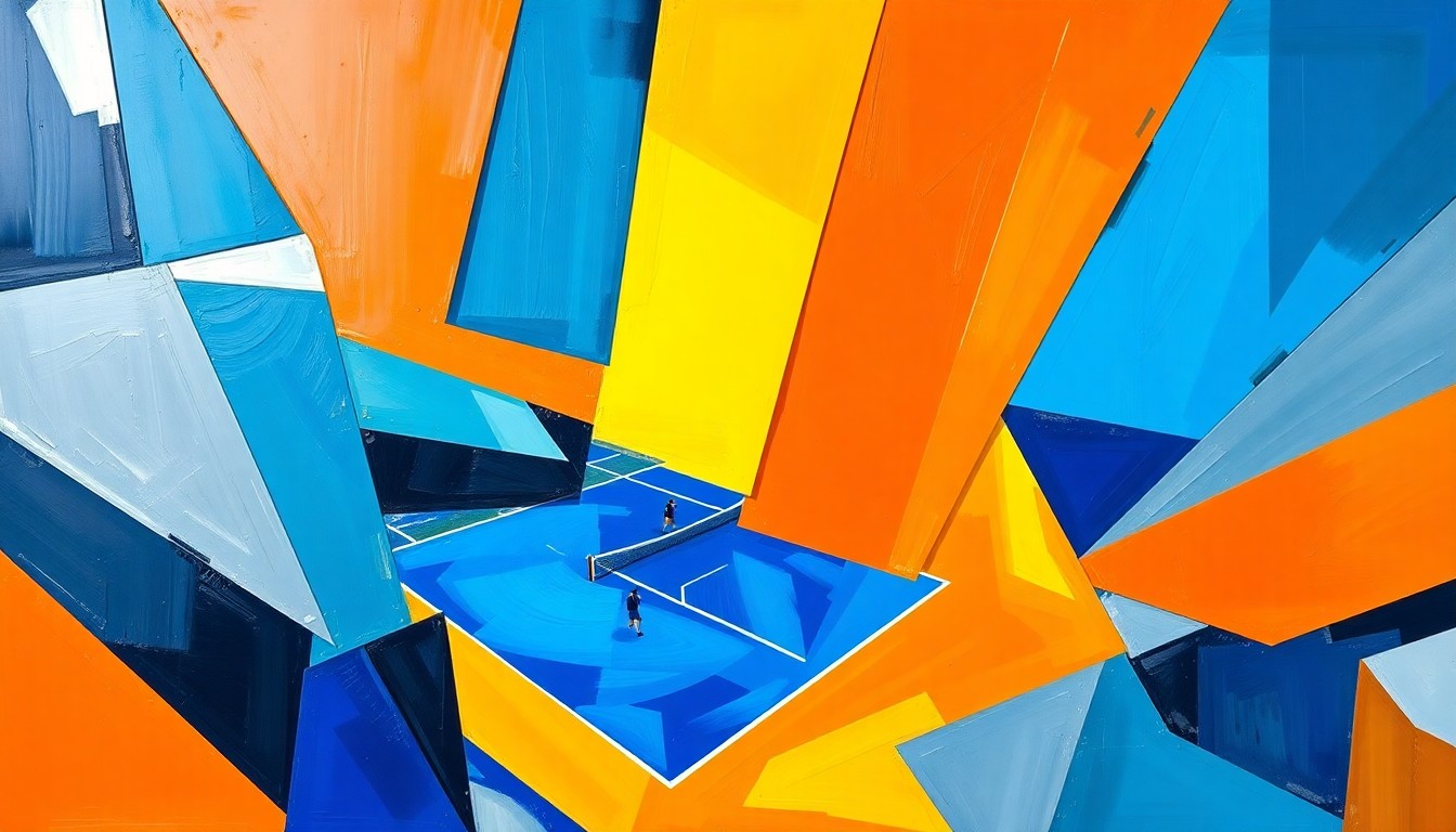 A fractured, geometric painting in vibrant colors depicting a tennis match broken down into overlapping planes, representing the unique power dynamics between players and their coaches.