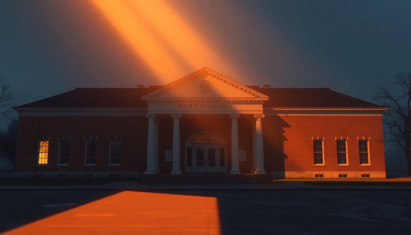 A realistic oil painting depicting the exterior of a classic county government building, with its columns and windows bathed in warm, golden light that casts long shadows across the structure. The scene conveys a sense of civic duty and community deliberation.