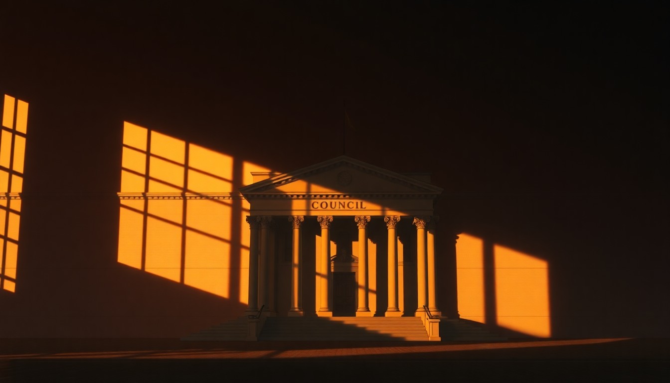 A dimly lit, nostalgic painting of an empty government building or city council chamber, with warm light streaming in through the windows and deep shadows across the scene, conveying a sense of quiet contemplation about the role of local politics.
